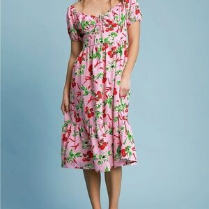 NWT UMGEE Retro Pink Cherry Pattern Midi Dress S M L